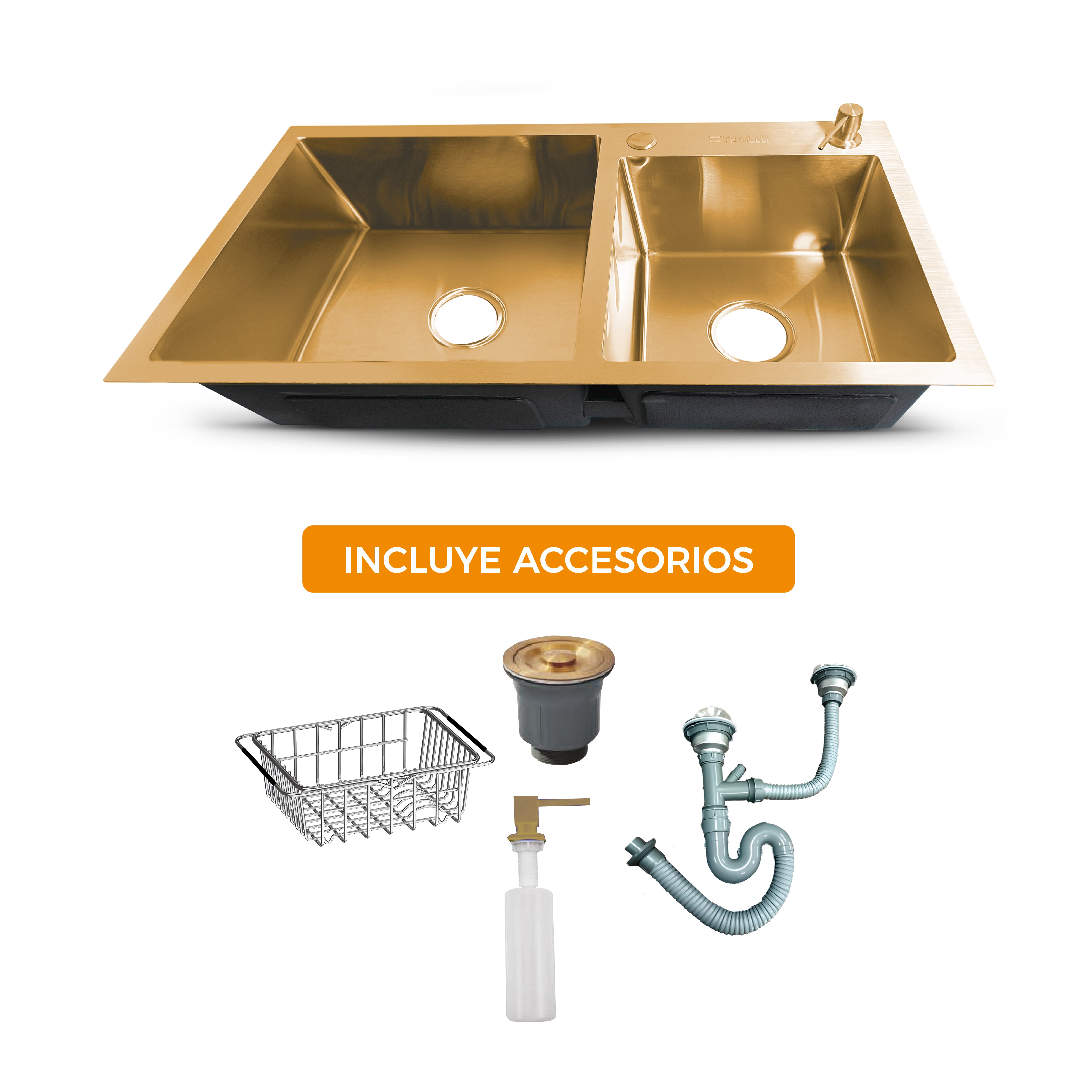 Prm-7843G Lavadero Prime De Acero Inox. Gold Doble Poza C/Acces. 78X43X23Cm - Fratelli